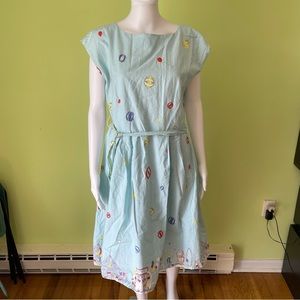 POPPYS MADE IN ENGLAND BLUE CARNIVAL FAIR GRAPHIC PRINT DRESS SIZE XL RARE